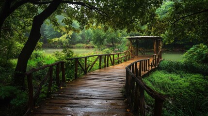Serene Wooden Bridge Over Calm Waters Surrounded by Lush Greenery