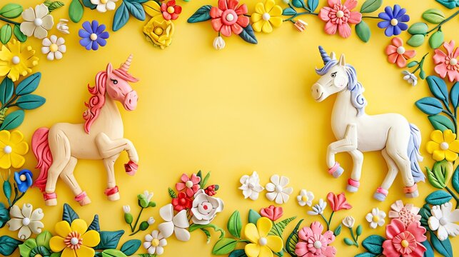 Two unicorns made of playdoh on a yellow background surrounded by flowers.