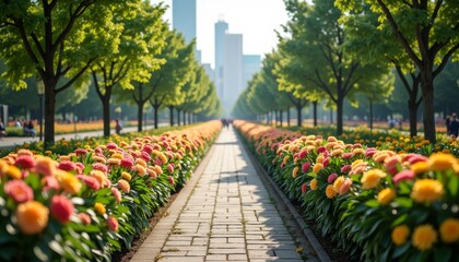 A tree-lined path through a vibrant flower garden
