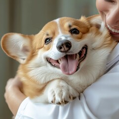 Vet in clinic uniform holding and playing with a Pembroke Welsh