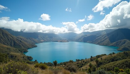 Fototapeta premium Majestic lake in mountain valley with blue water under cloudy sky