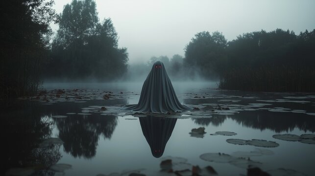 mysterious bizarre lake evil horrific ghost covered with cloth with red glowing eyes sitting looking at camera in  lake with misty and horror environment 
