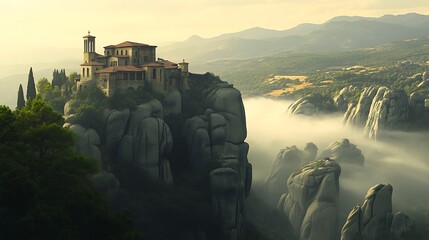 A tranquil view of a monastery perched high on a rocky mountain with mist rolling below
