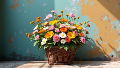 Bouquet in basket on table against wall