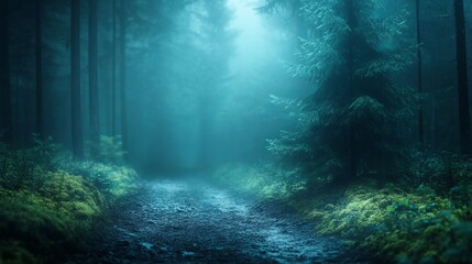 Obraz premium Mystical Nighttime Trekking in a Foggy Forest Landscape