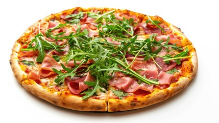 Pizza garnished with ham, arugula, and veggies on white backdrop