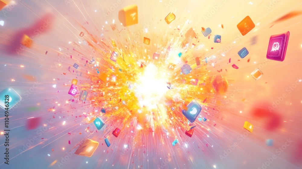 Poster Colorful App Icons Exploding in a Bright Burst