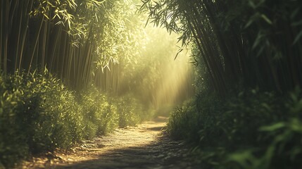 View of a winding path through a serene bamboo forest with sunlight filtering through the tall stalks