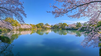 Obraz premium Idyllic view of a tranquil pond surrounded by vibrant cherry blossoms in full bloom
