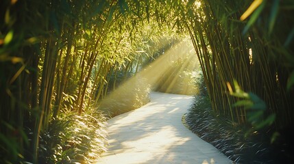 View of a winding path through a serene bamboo forest with sunlight filtering through the tall stalks