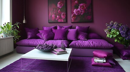 Purple living room with sofa, pillows, plants, and artwork.
