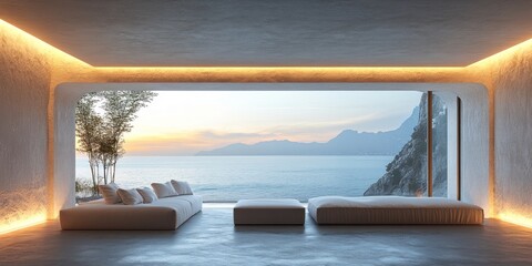 Fototapeta premium Modern Minimalist Living Room Overlooking Serene Seascape