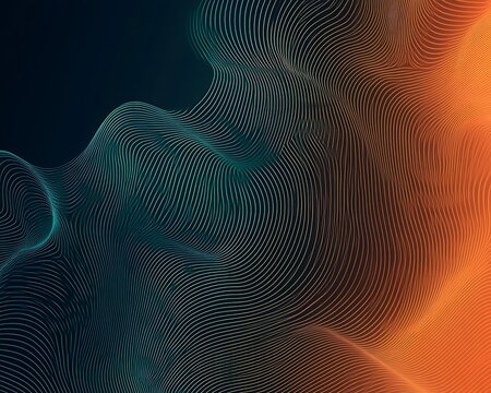 Medium sized lines, abstract glowing waveforms on a dark blue, yellow, orange, green, and blue background. Geometric line art design
