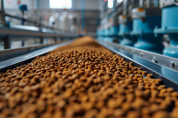 Fototapeta premium A view inside a pet food factory showing a conveyor belt filled with kibble, with a blurred industrial background and machinery in operation
