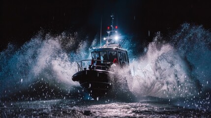 Small boat in stormy sea rescuing person from water, spotlight illuminating rescue mission amidst crashing waves.	