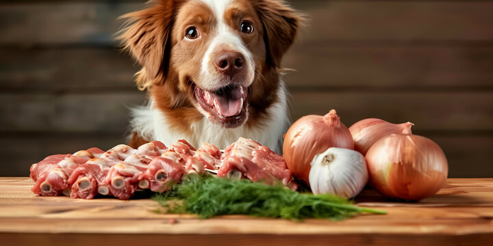 Excited brown and white dog looking at fresh raw meat with garlic, onions, and dill on a wooden table in a rustic kitchen setting