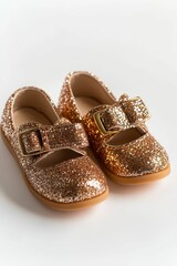 Glittery gold children's shoes with buckles.