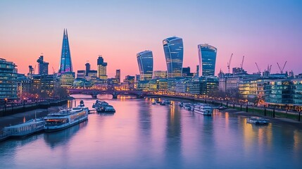 Naklejka premium London skyline with skyscrapers at sunset.