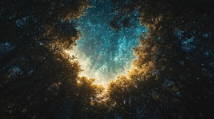 Obraz premium A captivating view of the night sky framed by the silhouettes of trees. The scene captures a vibrant galaxy with twinkling stars scattered against a deep blue backdrop, transitioning to a lighter cent