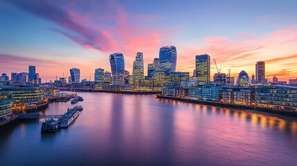 Naklejka premium London skyline with skyscrapers at sunset.