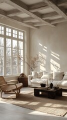 Fototapeta premium Sunlit Living Room With Neutral Decor And Wooden Beams