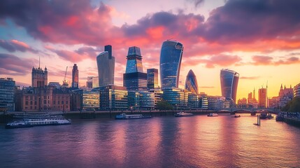 Fototapeta premium London skyline with skyscrapers at sunset.