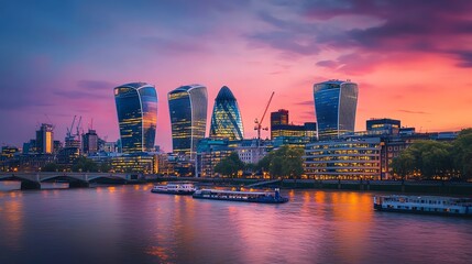 Naklejka premium London skyline at dusk with skyscrapers, the Thames River, and a beautiful sunset.