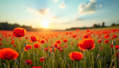 Sunset over a field of red poppies