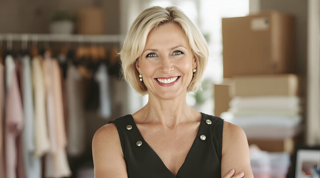 Radiant Middle-Aged Woman with a Warm Smile: Embracing a New Chapter in Her Home or Office Space