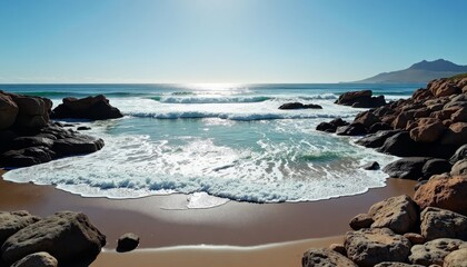 A rocky beach with gentle waves lapping at the shore on a sunny day