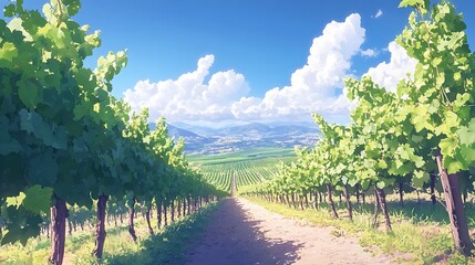 Naklejka premium Picturesque view of a vineyard on a sunny day with rows of grapevines and distant hills