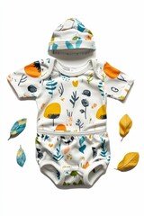 Infant outfit; floral print; hat; bodysuit; pants.