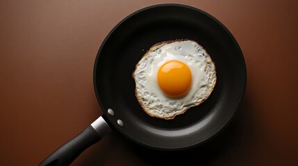A fried egg in a black frying pan.