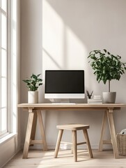 Fototapeta premium Scandi home office interior with a desktop computer on a wooden desk next to a plant on a stool. Real photo with a mockup screen