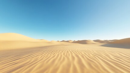 Serene desert view with golden sand dunes stretching into the horizon under a clear blue sky