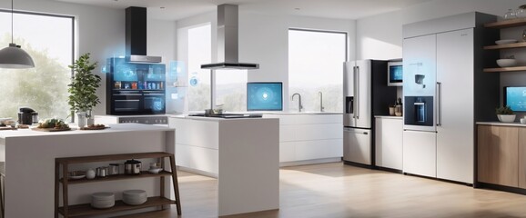 smart home filled with various connected devices and appliances AI, such as smart refrigerators, coffee makers, and ovens, all communicating with each other to simplify everyday tasks and enhance