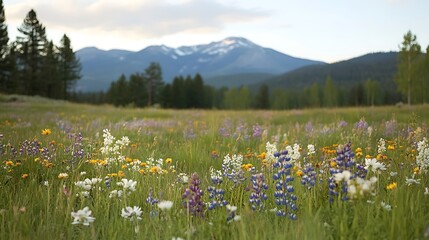 View of a peaceful meadow filled with colorful wildflowers against a backdrop of towering mountains