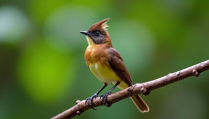 Naklejka premium Brown bird with yellow chest perched on branch Pecking bird sitting on brown twig in green