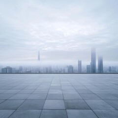 Fototapeta premium City skyline with autumn fog, misty urban morning, fog-shrouded cityscape