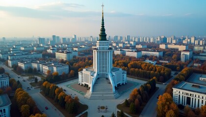 Modern cityscape with towering church spire