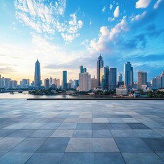City skyline with aerial view of riverfront, urban waterfront district, scenic cityscape