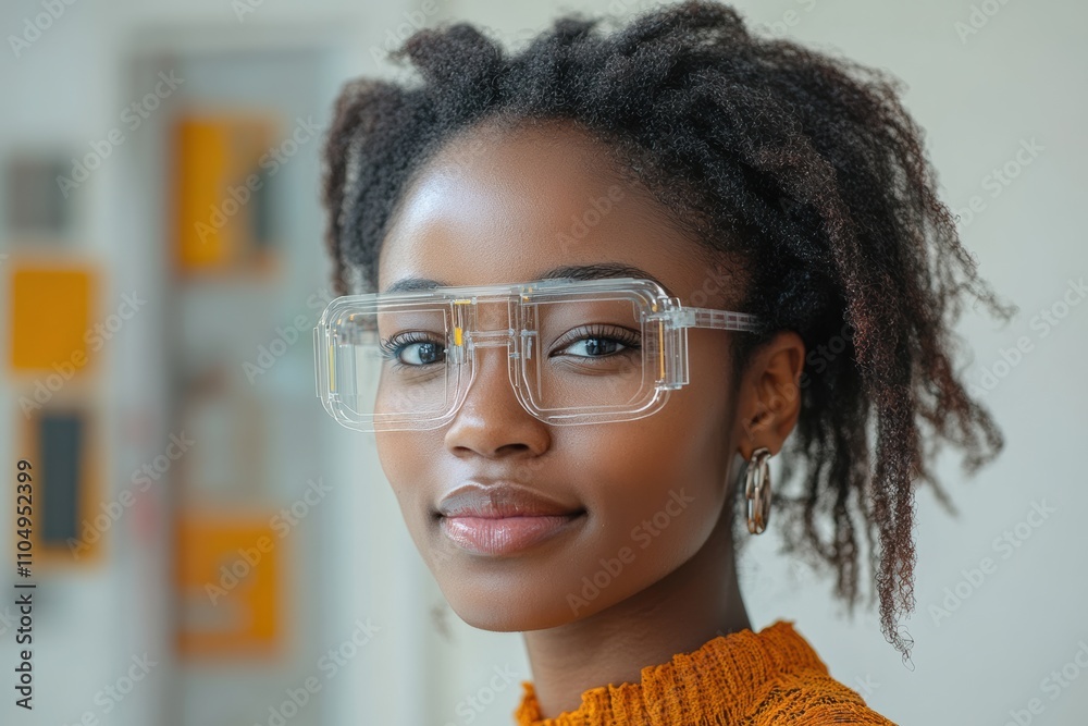Poster a woman of color in a tech startup holding a prototype device , representing innovation and impact.