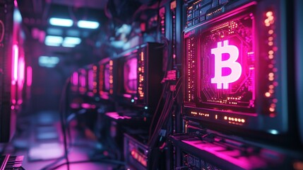 Fototapeta premium Neon Bitcoin symbol on a futuristic server screen.