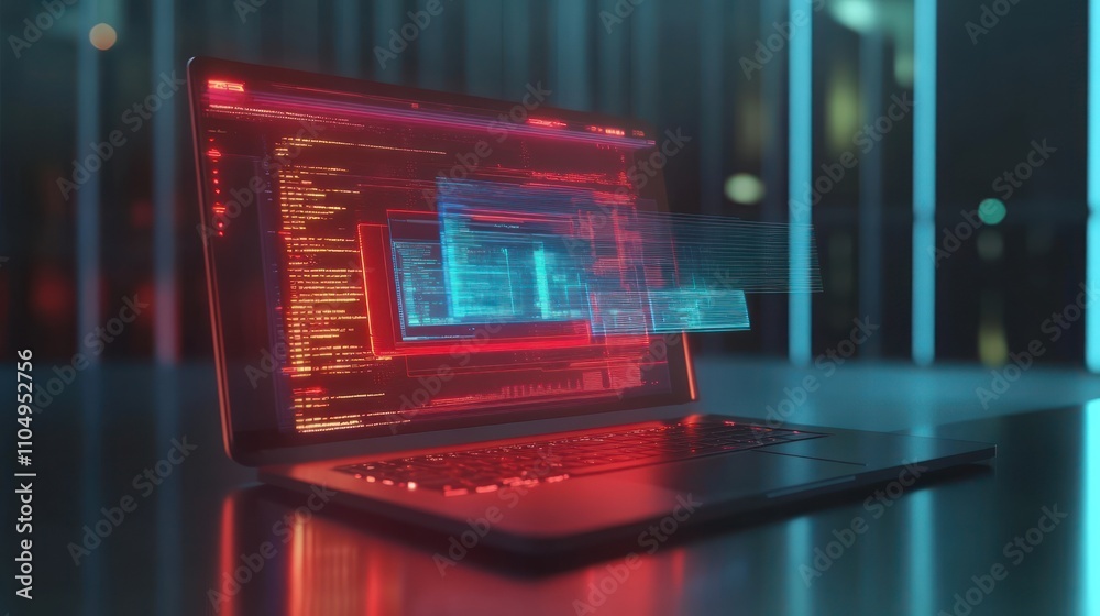 Poster Laptop Displaying Animated Code Streams Data Transfer
