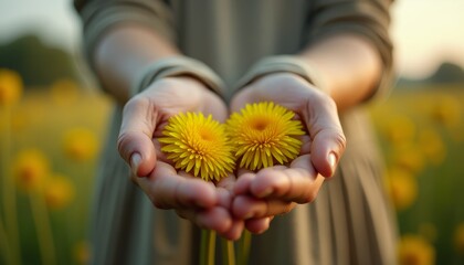 Hands holding two yellow dandelion heads in a field of flowers