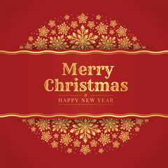 Merry christmas and happy new year - Text on tab with gold snowflakes symbol around to circle shape on red background vector design