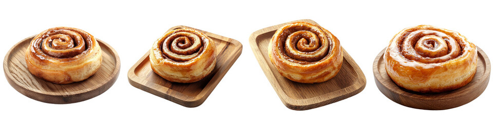 Cinnamon roll placed on a wooden tray, isolated on a white background. collection set png.