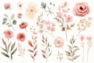 Obraz premium Delicate Watercolor Botanical Illustrations Featuring Soft Pink Roses and Flowers