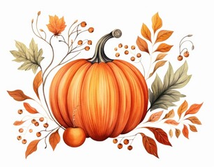 Naklejka premium Autumn Pumpkin Decorated With Fall Leaves And Berries