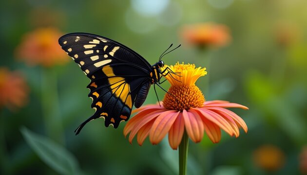 Yellow and black butterfly on orange flower - Powered by Adobe